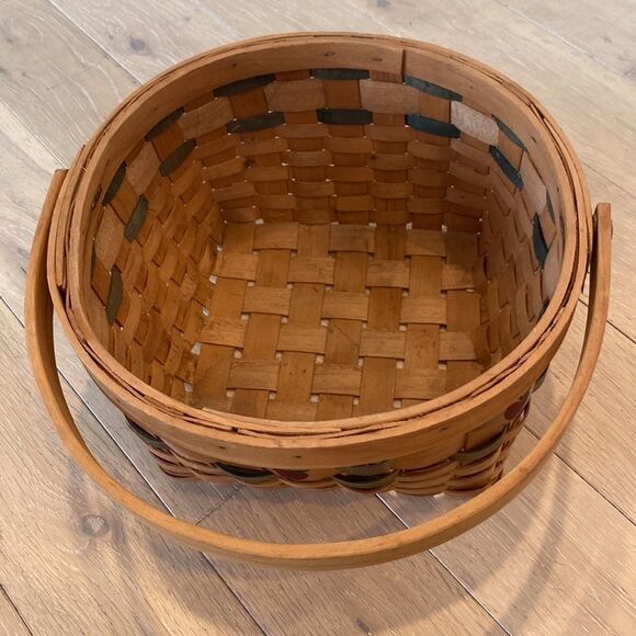 Vintage Basket Woven Wood Slat Hinged Handle Apple Design Green Accent 8.5x10” - Picture 7 of 16